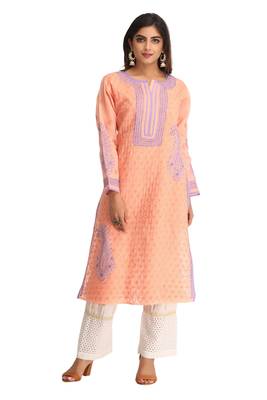 Peach Embroidered Cotton Chikankari Kurti  1