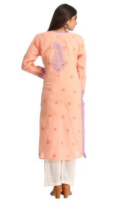 Peach Embroidered Cotton Chikankari Kurti  2