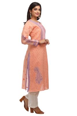 Peach Embroidered Cotton Chikankari Kurti  3