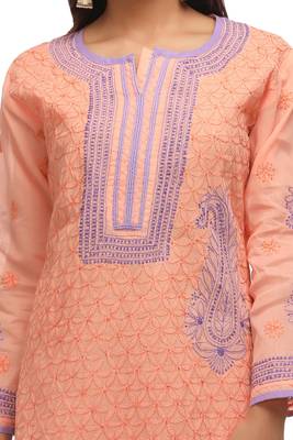 Peach Embroidered Cotton Chikankari Kurti  4