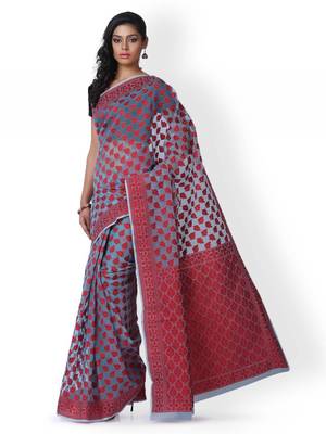 Grey woven banarasi cotton saree with blouse 2