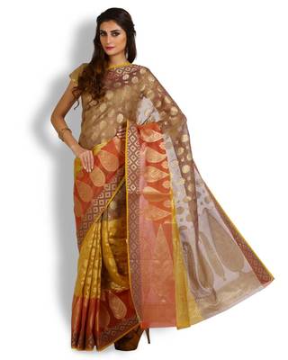 Brown woven banarasi cotton saree with blouse 1