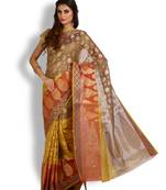 Brown woven banarasi cotton saree with blouse