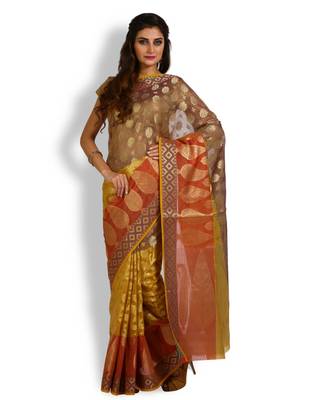 Brown woven banarasi cotton saree with blouse 2