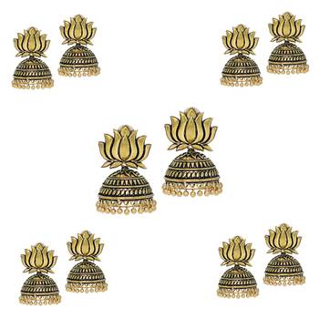 Handmade Gold Plated Lotus Shape Oxidised Jhumki (Set Of 5 Pairs) 1