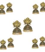 Handmade Gold Plated Lotus Shape Oxidised Jhumki (Set Of 5 Pairs)