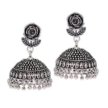 Splendid Flower Design Silver Oxidised Metal Jhumki Earring For Women And Girls (Set Of 5 Pairs) 2