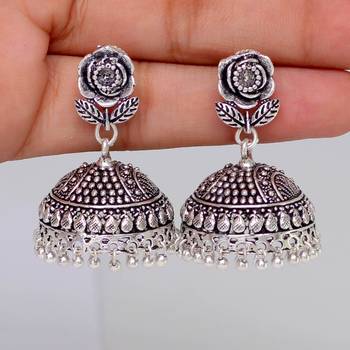 Splendid Flower Design Silver Oxidised Metal Jhumki Earring For Women And Girls (Set Of 5 Pairs) 3