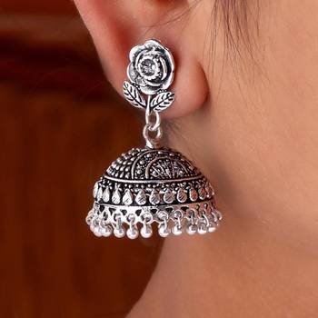 Splendid Flower Design Silver Oxidised Metal Jhumki Earring For Women And Girls (Set Of 5 Pairs) 4