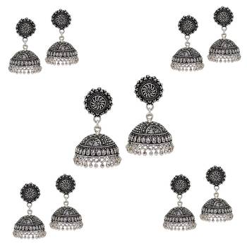 Splendid Flower Design Silver Oxidised Metal Jhumki Earring For Women And Girls (Set Of 5 Pairs) 1