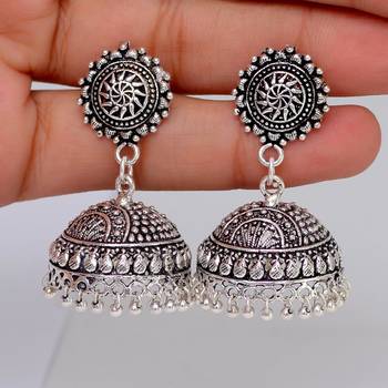 Splendid Flower Design Silver Oxidised Metal Jhumki Earring For Women And Girls (Set Of 5 Pairs) 3