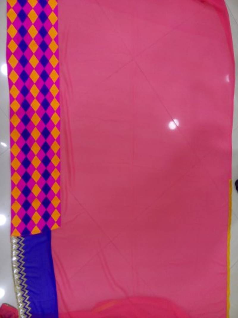 Designer pink color thread and foil work bollywood style asin with blouse saree