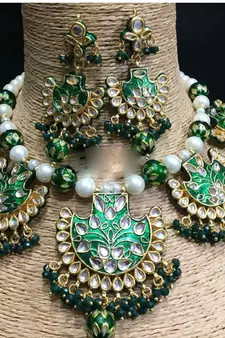 Padmawati Meenakari Emrald Green Women Royal Necklace Set