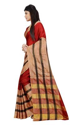 Red plain cotton saree with blouse 3
