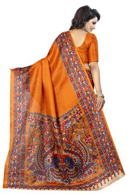 Mustard printed bhagalpuri silk saree with blouse 4