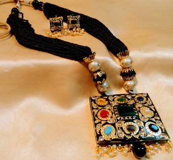 Elegant Jaipuri Multicolor Stones And Black Mala Navratna Set 2