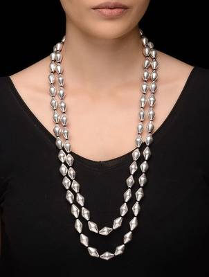 Silver Dholki Elaichi Mala Long Double Line Necklace 1