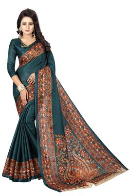 Teal printed bhagalpuri silk saree with blouse 1