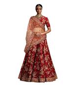  Red embroidered art silk semi stitched lehenga choli material with beige net dupatta