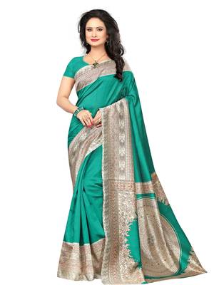 Turquoise printed art silk saree with blouse 1