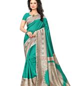 Turquoise printed art silk saree with blouse
