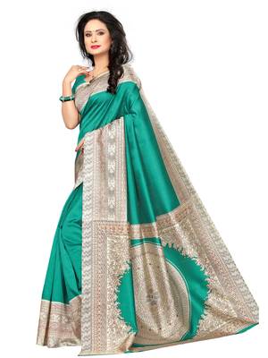 Turquoise printed art silk saree with blouse 2