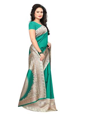 Turquoise printed art silk saree with blouse 3