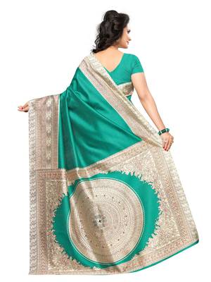 Turquoise printed art silk saree with blouse 4