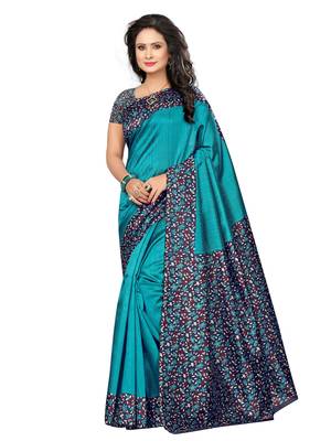 Turquoise Printed Art Silk Saree With Blouse 1