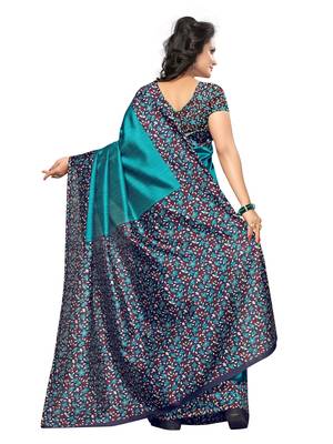Turquoise Printed Art Silk Saree With Blouse 2