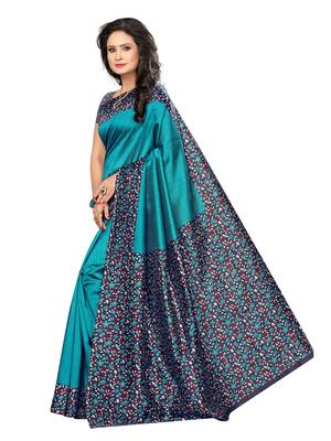 Turquoise Printed Art Silk Saree With Blouse 3