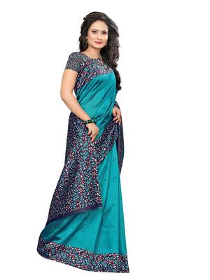 Turquoise Printed Art Silk Saree With Blouse 4