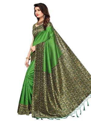 Green Printed Art Silk Saree With Blouse 2