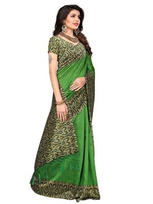 Green Printed Art Silk Saree With Blouse 3