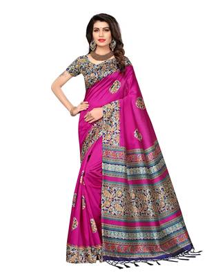 Pink printed art silk saree with blouse 1