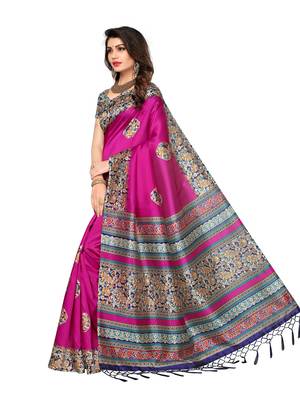 Pink printed art silk saree with blouse 2