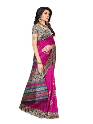 Pink printed art silk saree with blouse 3