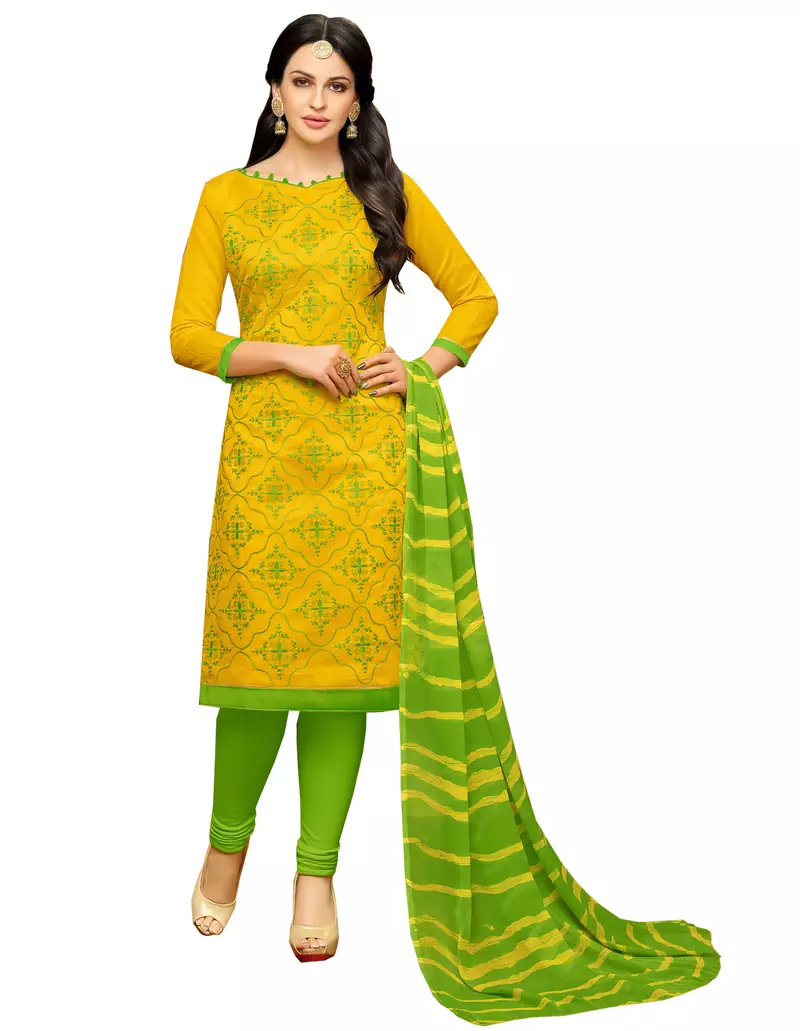 Yellow Embroidered Chanderi Unstitched Salwar Kameez With Dupatta