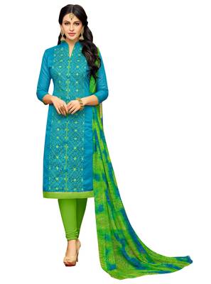 Blue Embroidered Chanderi Unstitched Salwar Kameez With Dupatta 1