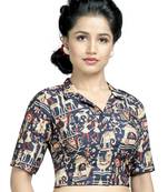 Navy Blue Brocade Varli Print Stitched Blouse