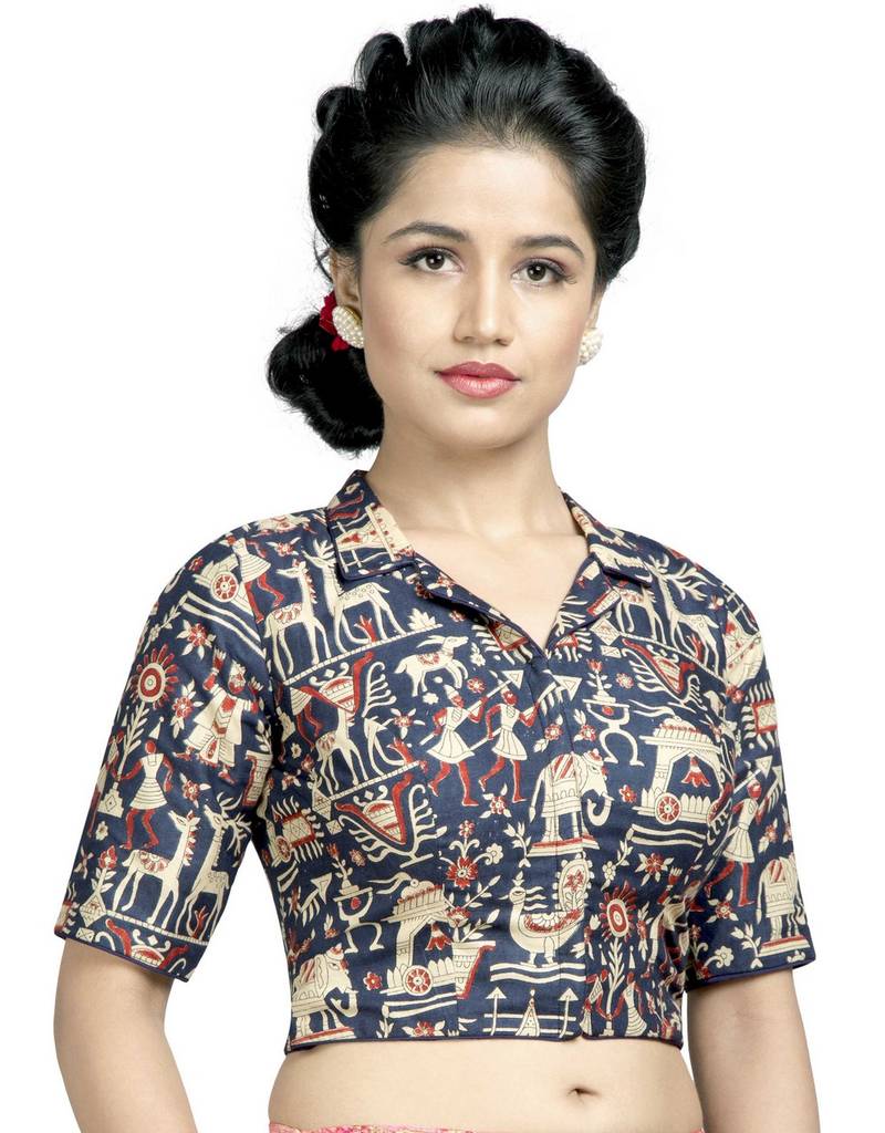 Navy Blue Brocade Varli Print Stitched Blouse