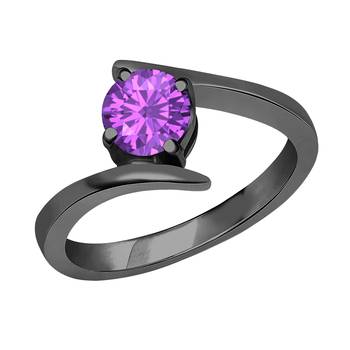 Beautiful 14K Black Gold Plated Round Created Amethyst Solitaire Wedding Engagement Ring 1