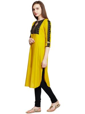 Mustard printed viscose long-kurtis 4