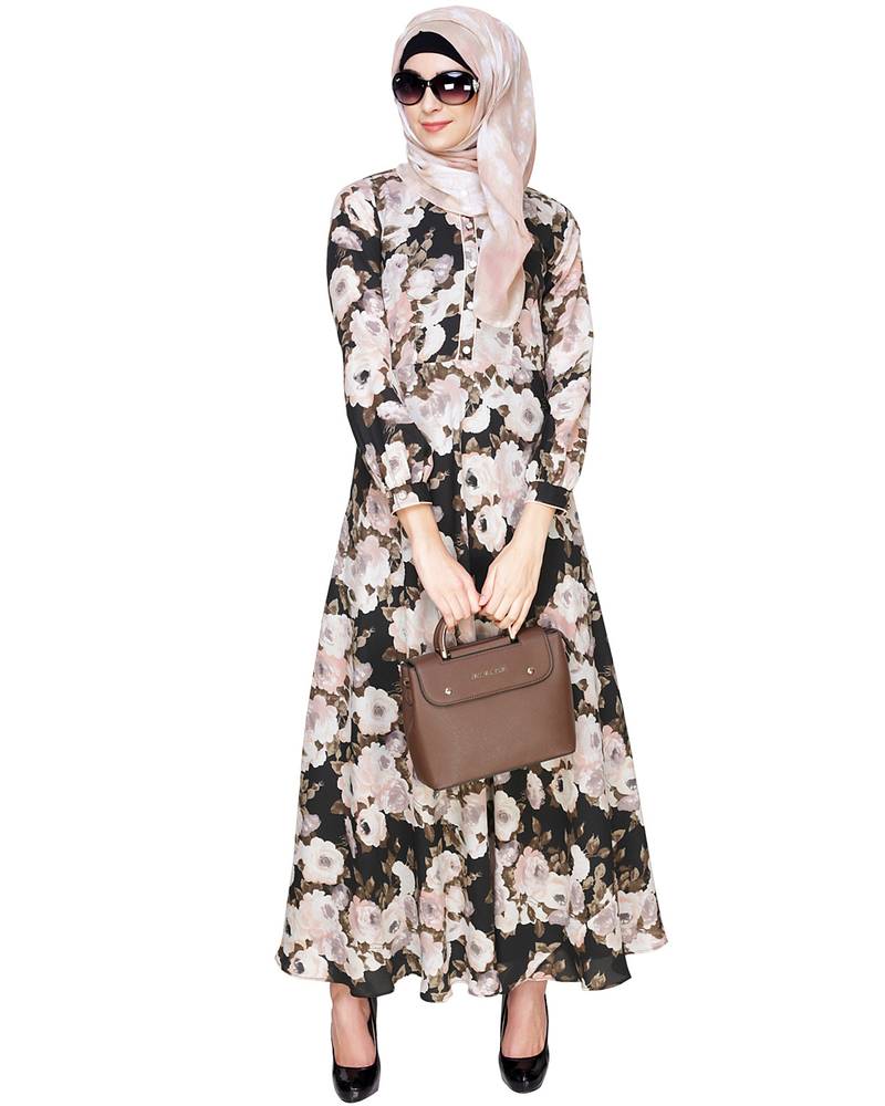 Modest Forever Black and Peach Floral Maxi Dress - Modest Forever - 2479049