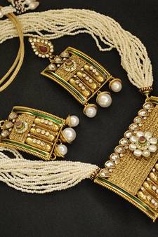 Royal Rajwadi Maharana Pratap Necklace set with studded American Diamond & Pearl drops