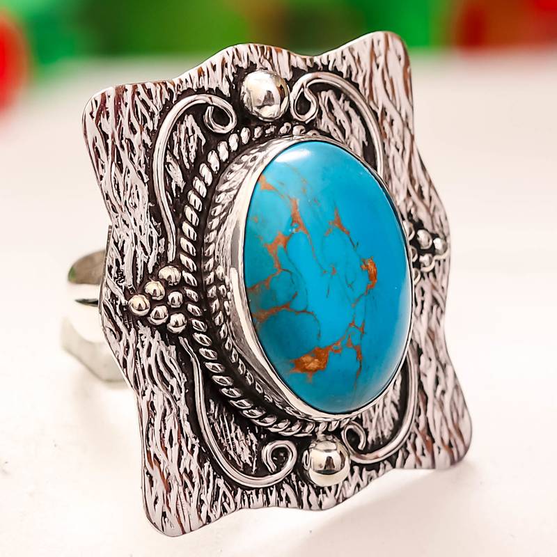 Blue copper turquoise gemstone 925 silver jewelry ring 7.75