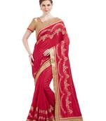 Indian women meganta designer patch and moti and floral design Raw Silk saree with blouse