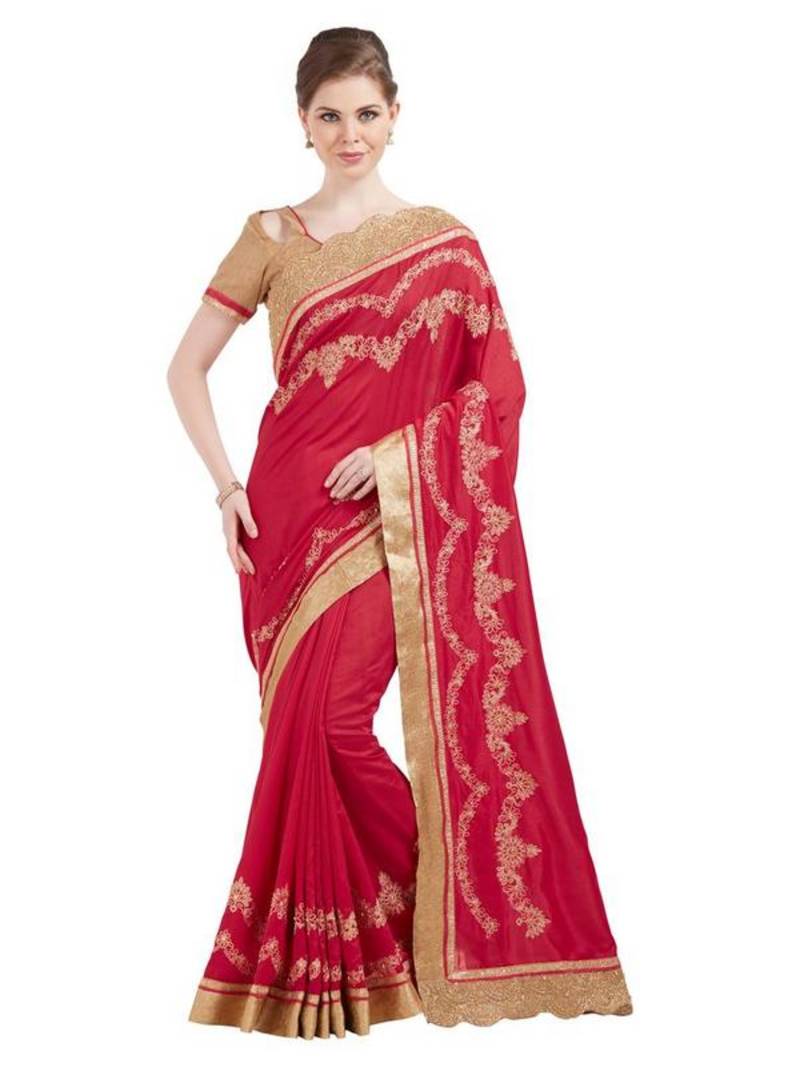 Indian women meganta designer patch and moti and floral design Raw Silk saree with blouse