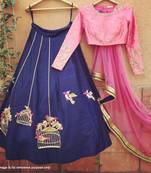 Blue embroidered silk unstitched lehenga