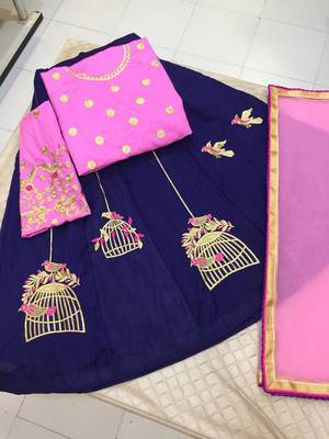Blue embroidered silk unstitched lehenga 2